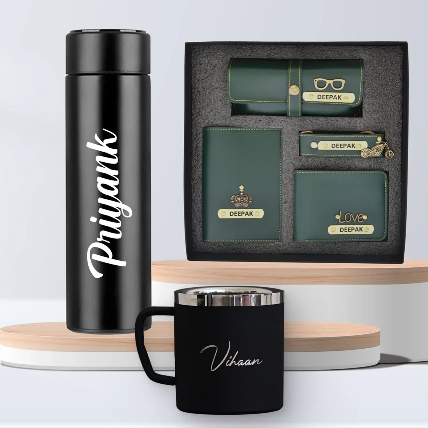 Personalized Stainless Steel Mug, Temperature Bottle & All in One Men's Combo (4 pcs)